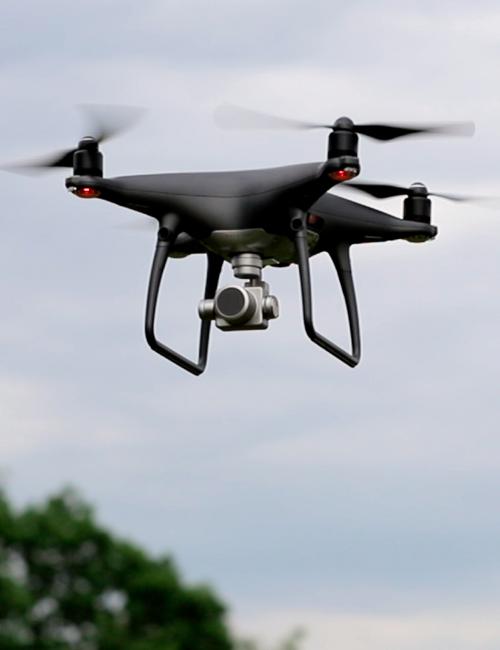Drohne im Flug über Bäumen bei bewölktem Himmel